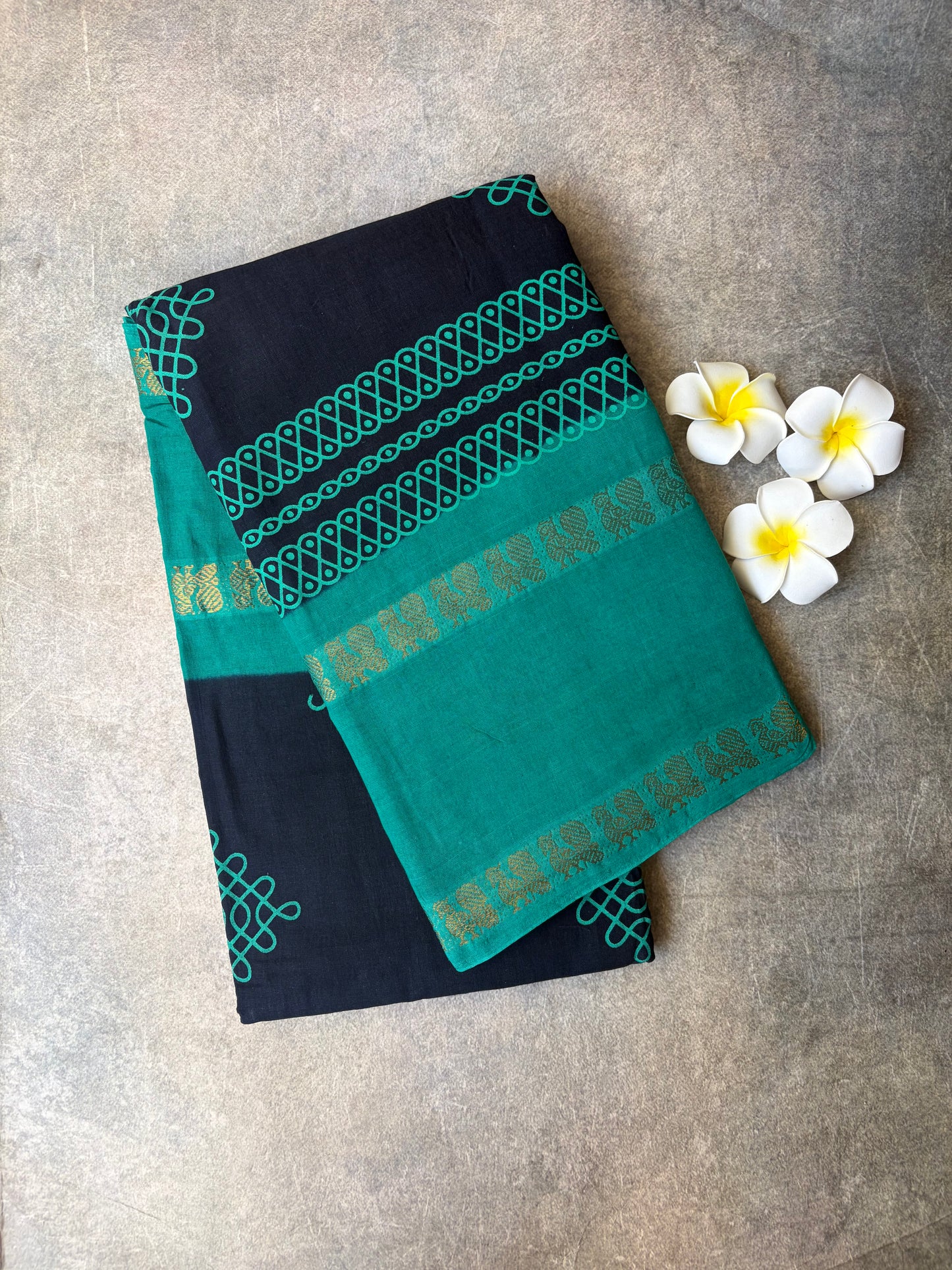 Kolam Printed Sungudi Cotton Saree Navy Blue | TLL396