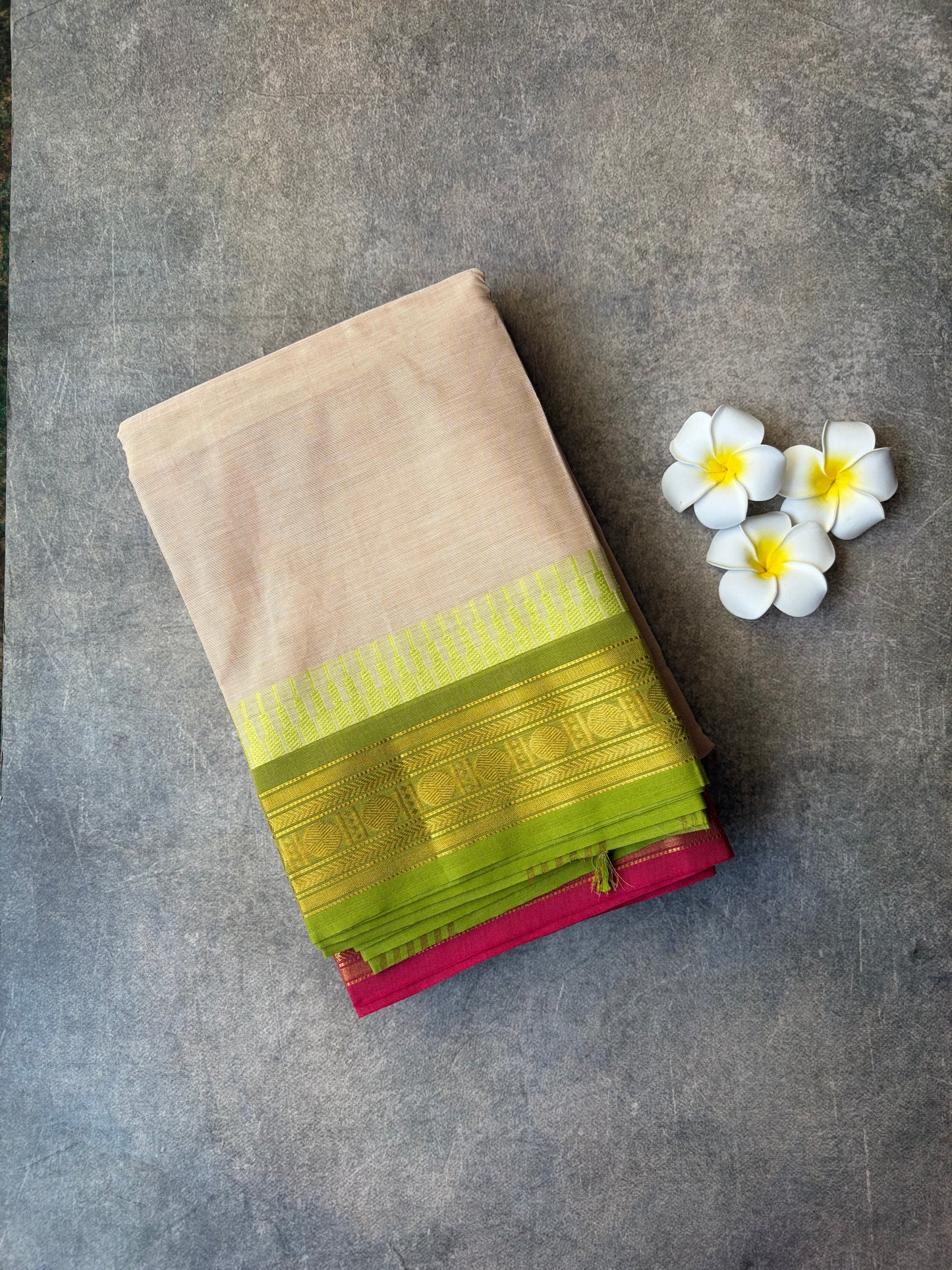Kanchi Cotton Saree Light Cream Ganga-Jamuna Border | TLL371