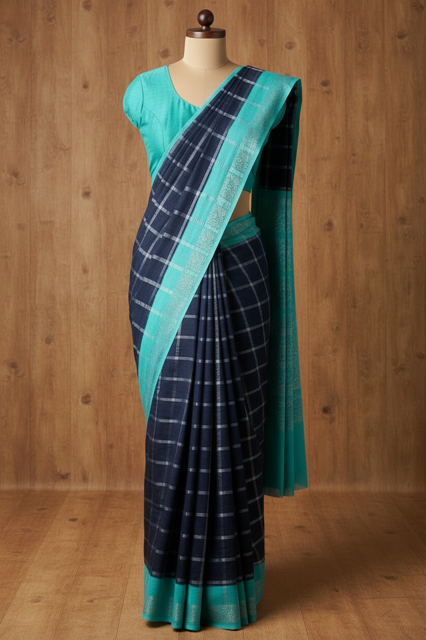 Kattam Sungudi Cotton Saree Dark Blue   | TLL181