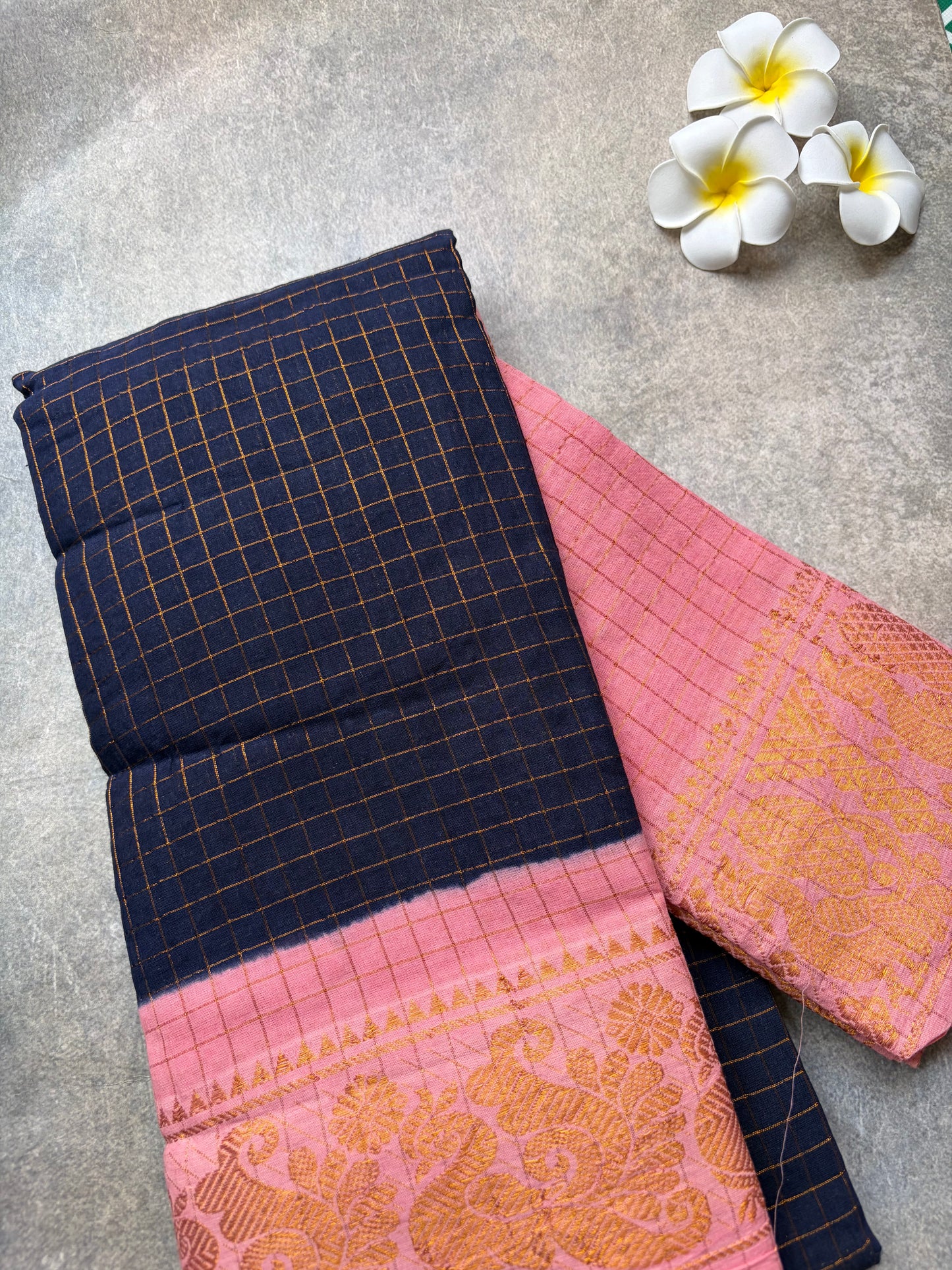 Checked Sungudi | rose milk pink border with dark navy blue