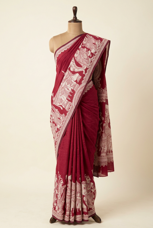 Traditional Kalamkari Soft Cotton Saree Maroon | TLL621