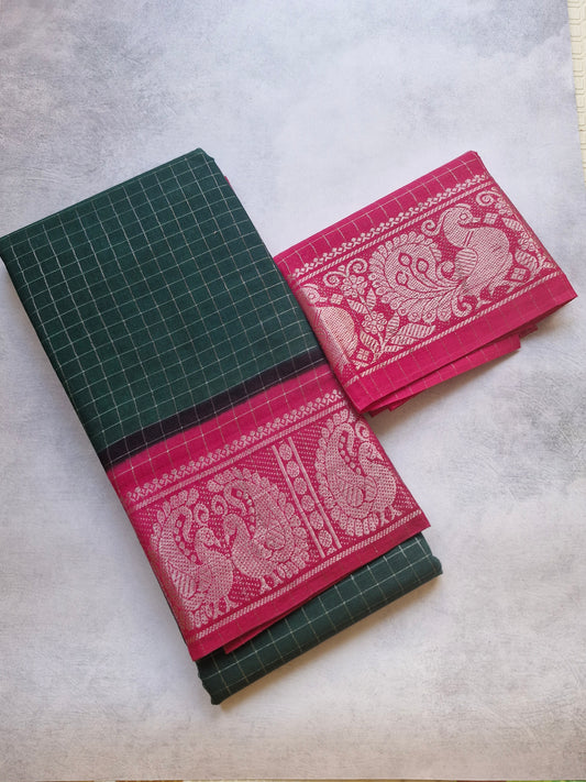 Sungudi saree Silver Zari Checked Green Saree with Rani Pink Blouse