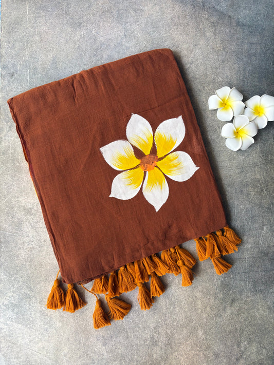 Hand Painted Mul Mul Cotton saree Brown | TLL509