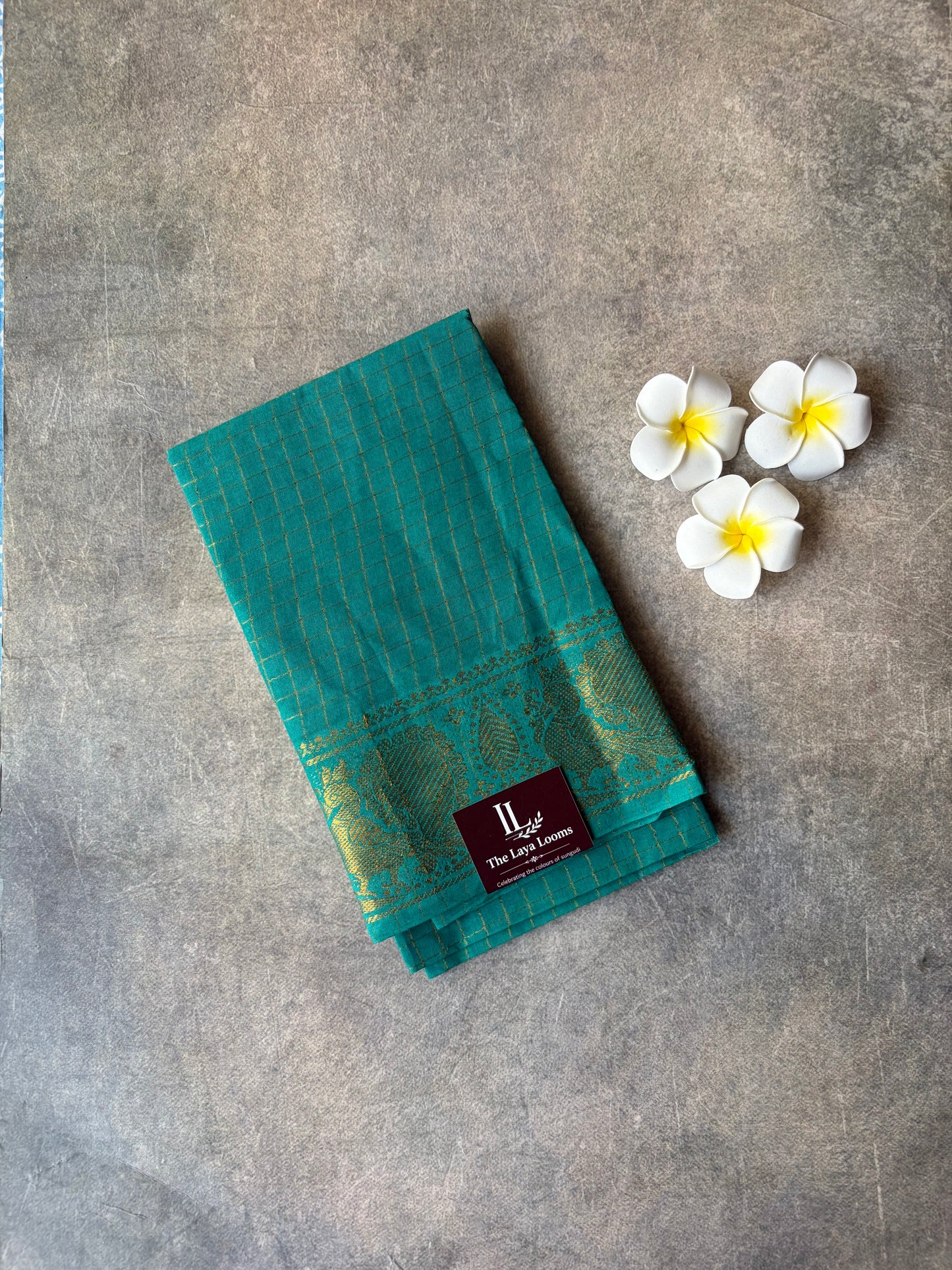 Teal Green Golden Checked Sungudi Cotton Blouse Piece | TLL567