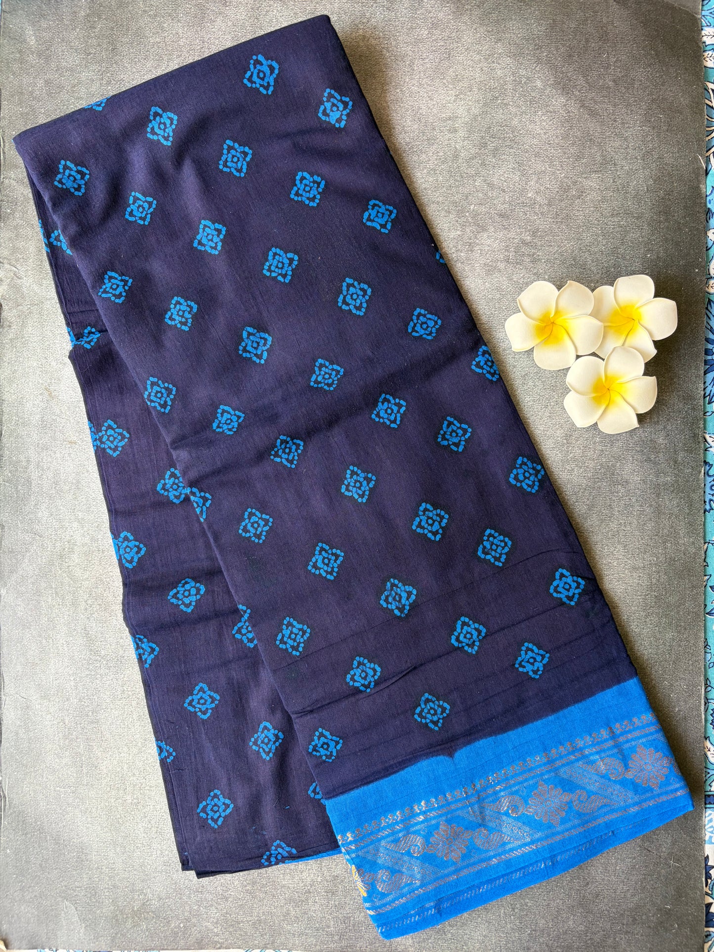 Authentic Soft Sungudi Cotton Saree – Navy Blue with Blue Floral Motifs & Blue Border |  TLL092
