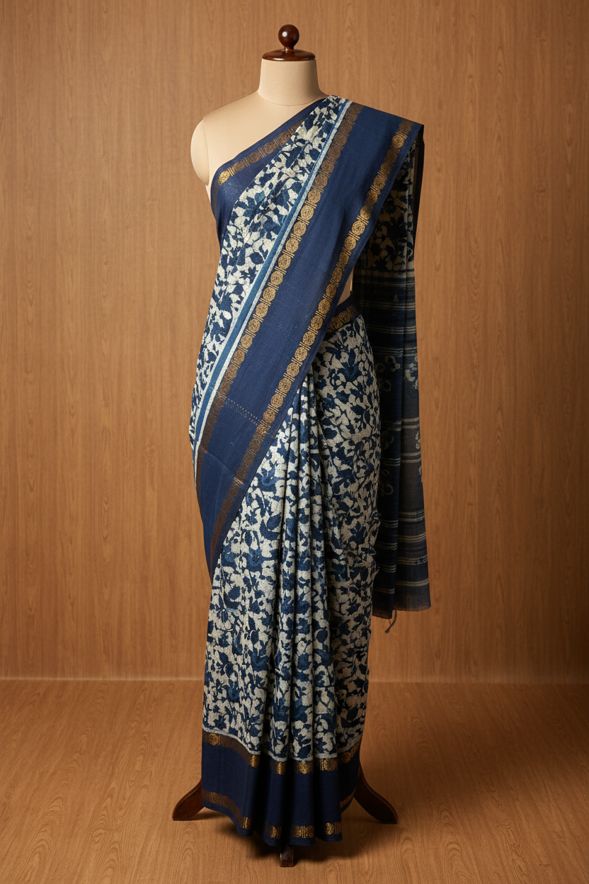 Pure Hand-Knotted Sungudi Saree white and Blue mixed colour | TLL178