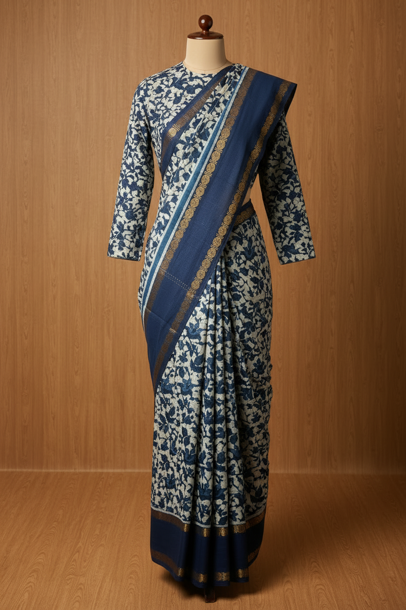 Pure Hand-Knotted Sungudi Saree white and Blue mixed colour | TLL178