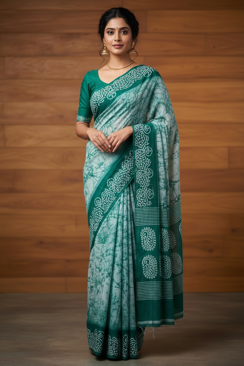 Soft Sungudi Saree with Border | White with Green | TLL194