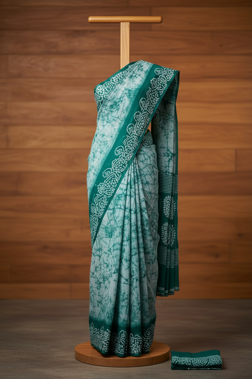 Teal and white saree on a mannequin against a wooden background