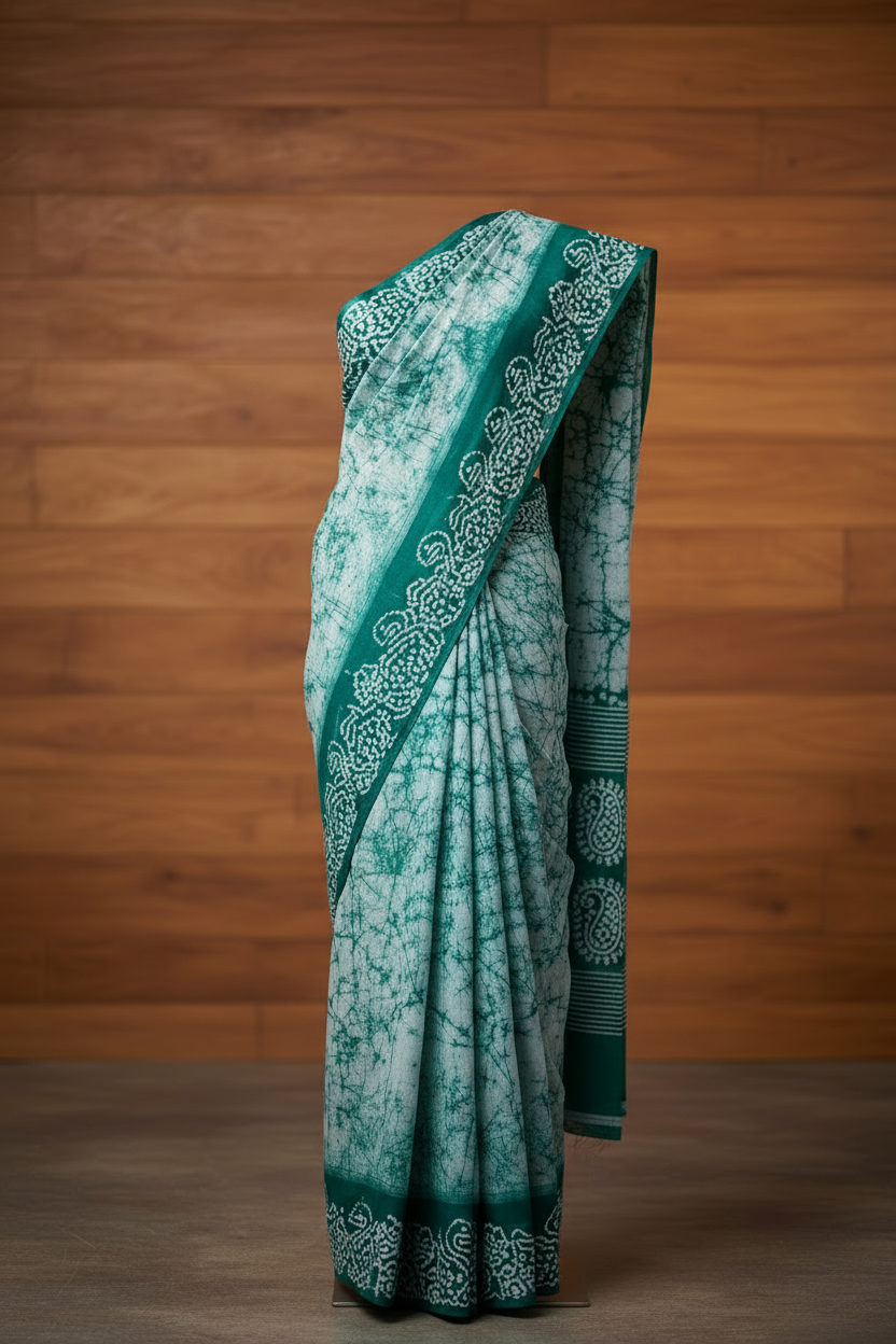 Soft Sungudi Saree with Border | White with Green | TLL194