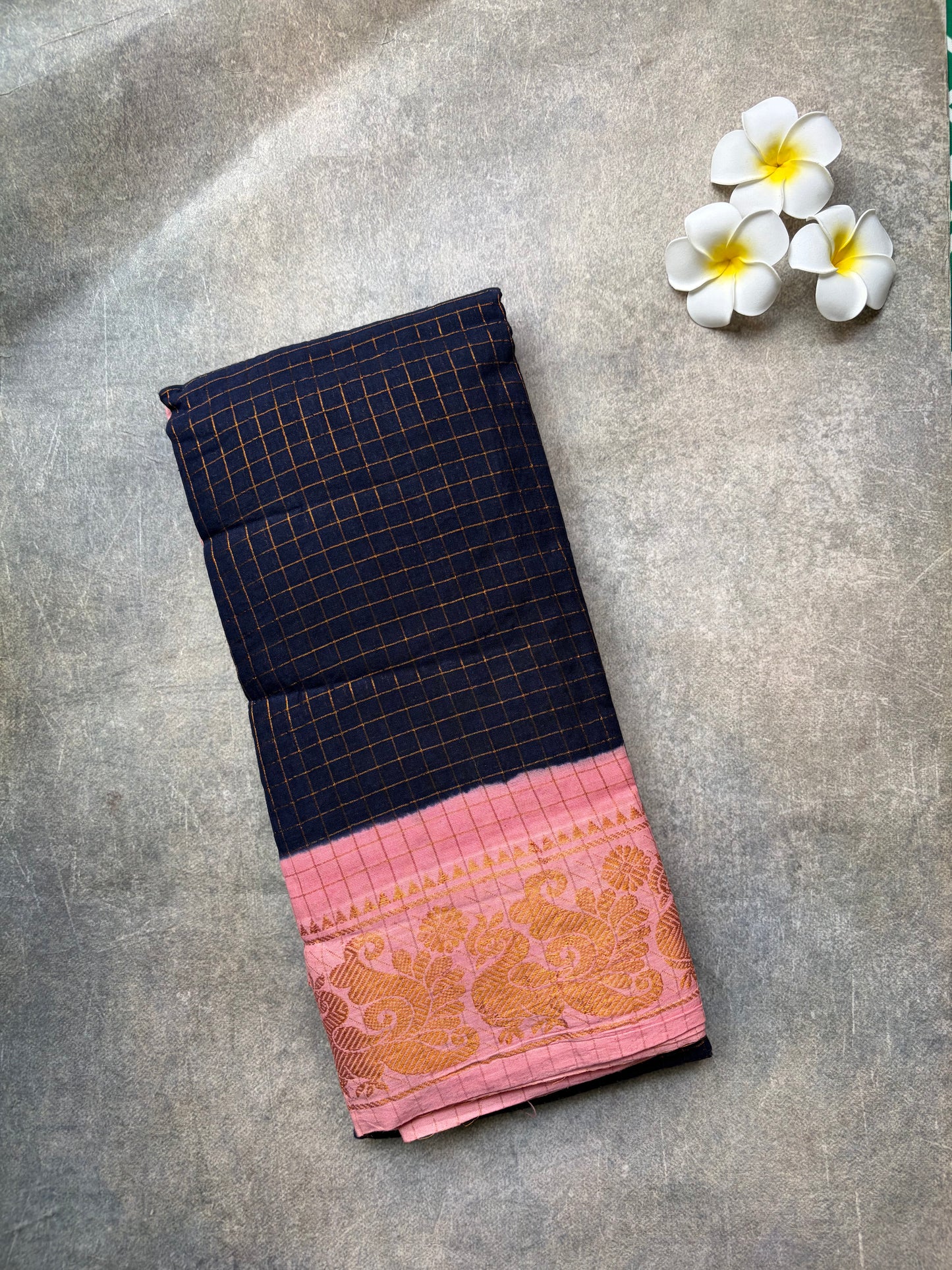 Checked Sungudi | rose milk pink border with dark navy blue