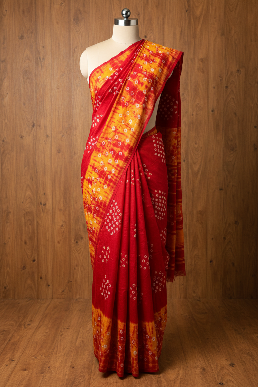 Bandhani Saree Cotton Red | Hand- knotted Sungudi saree| Red with yellow | TLL198