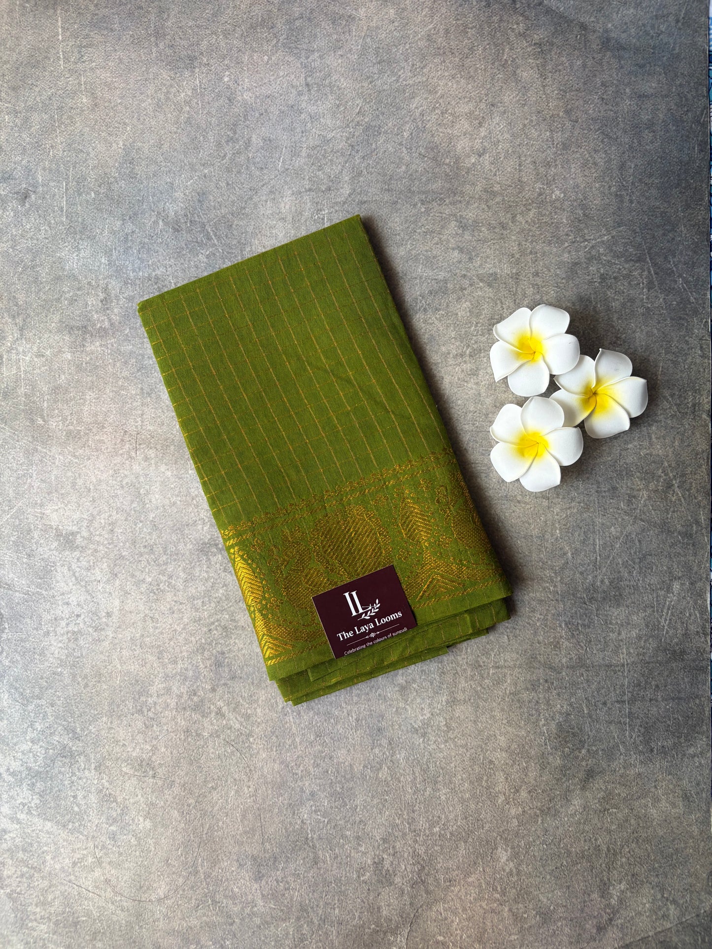 Olive Green Golden Checked Sungudi Cotton Blouse Piece | TLL565
