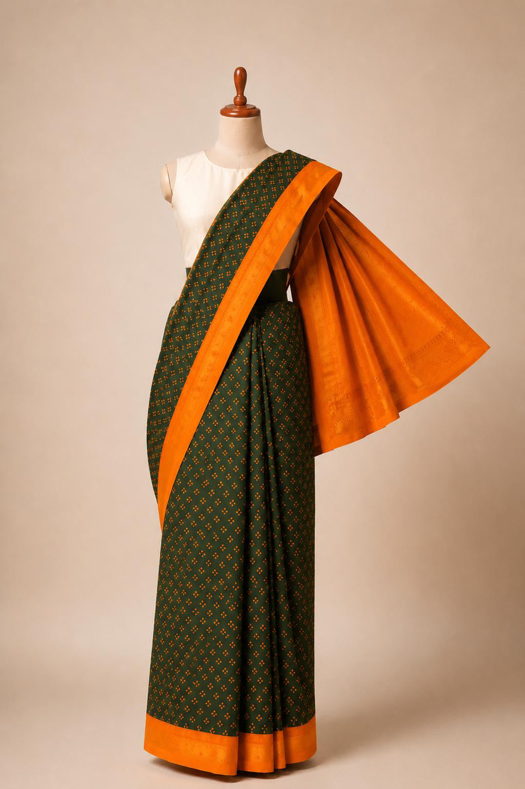Authentic Soft Sungudi Cotton Saree Green – 3 Pulli (Meghandhi Green Body with Orange Border) | TLL093