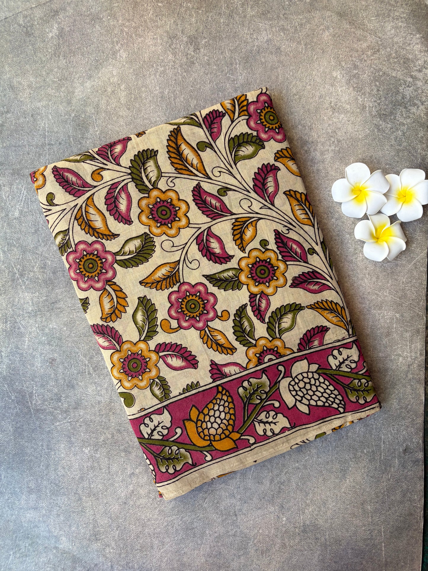 Kalamkari Printed Cotton Saree Cream Colour | TLL418