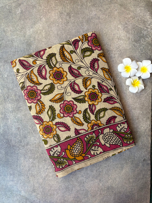 Kalamkari Printed Cotton Saree Cream Colour | TLL418