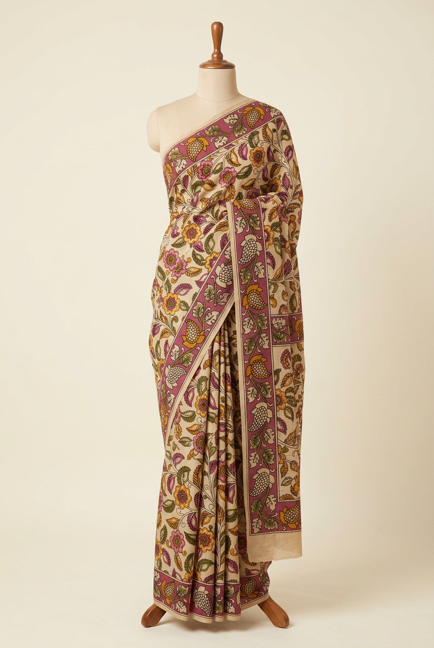 Kalamkari Printed Cotton Saree Cream Colour | TLL418
