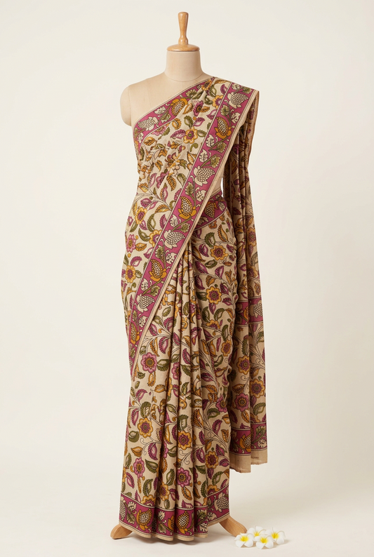 Kalamkari Printed Cotton Saree Cream Colour | TLL418