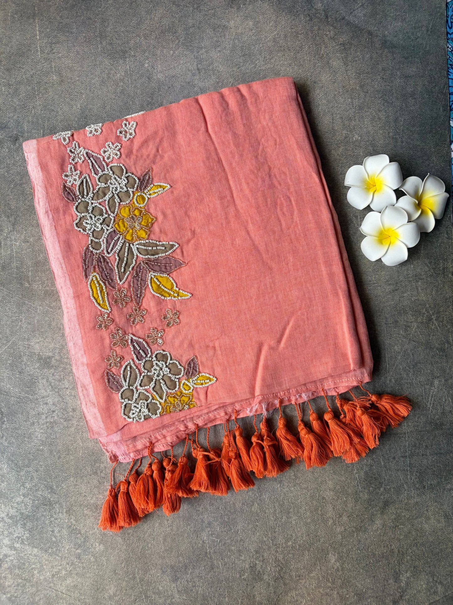 Mul Mul Cotton Saree Peach Colour with Tussles | TLL503