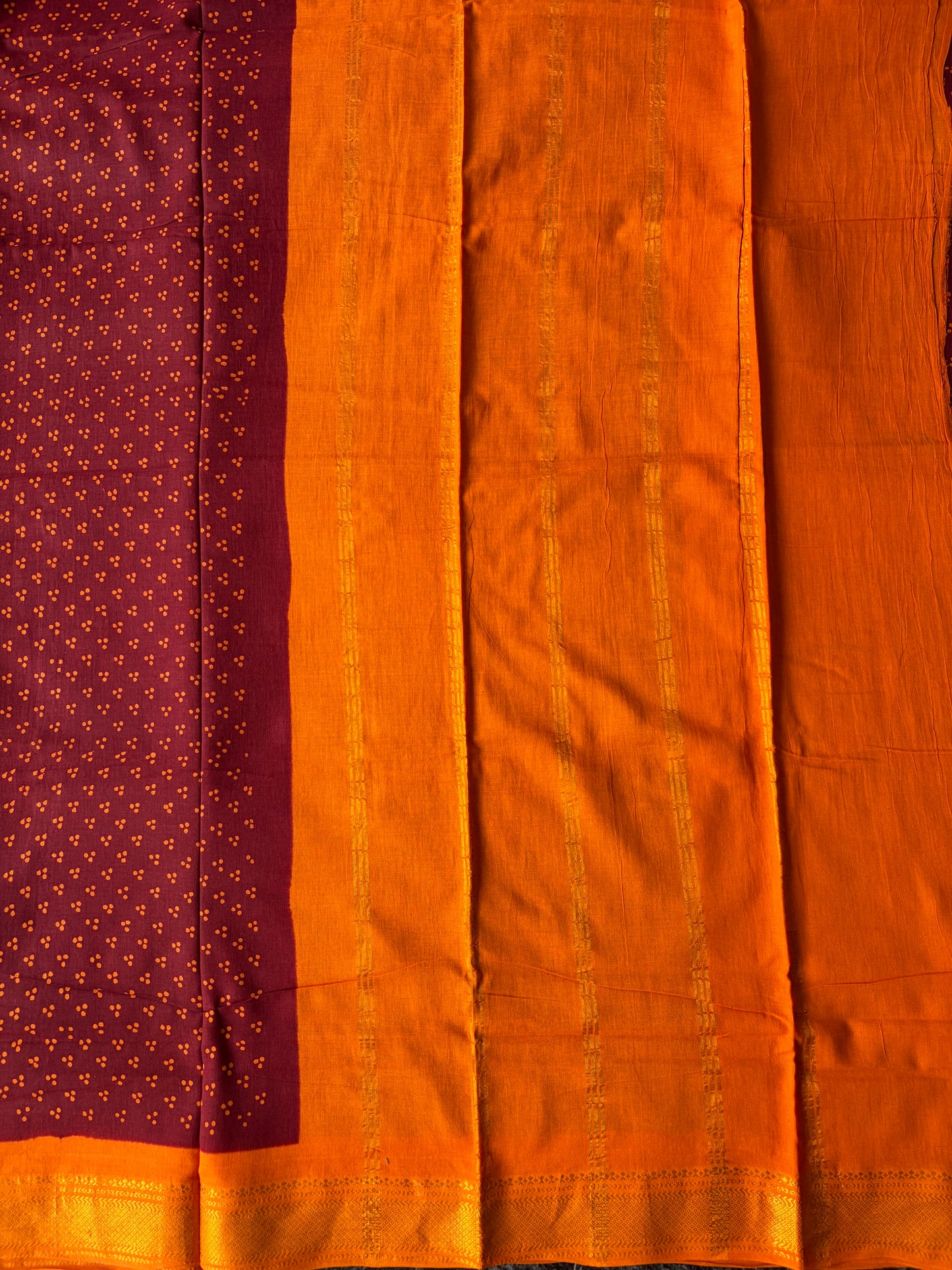 Authentic Soft Sungudi Cotton Saree – Maroon with 3 Pulli Design & Orange Border | TLL096