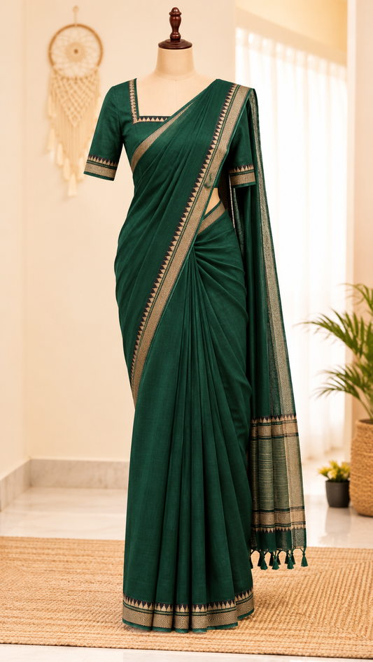 Narayanpet Cotton Saree Dark Green | TLL455