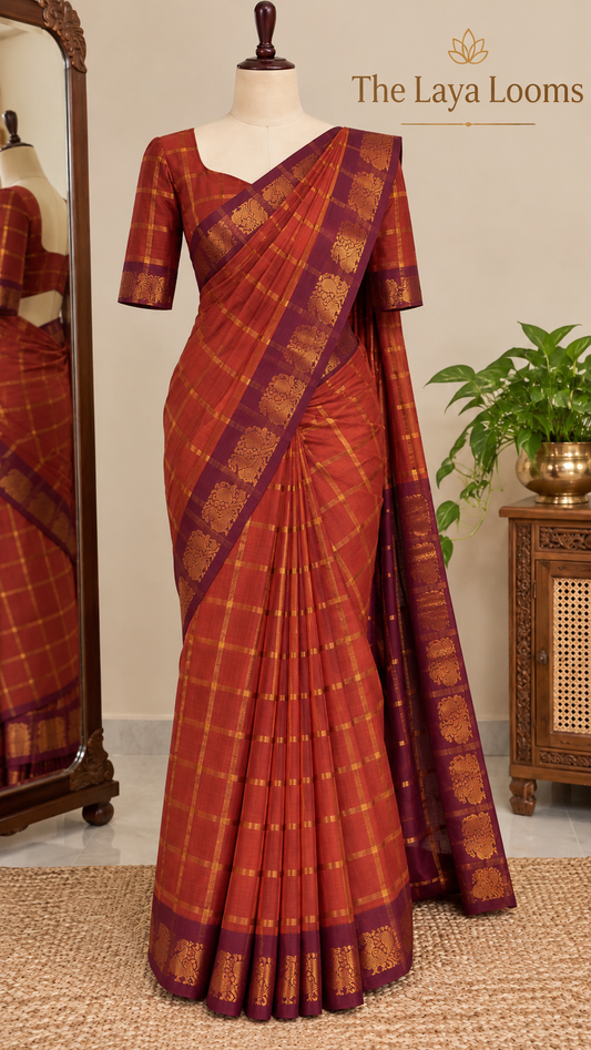 Kattam Sungudi Cotton Saree Brown With Maroon Border | TLL682