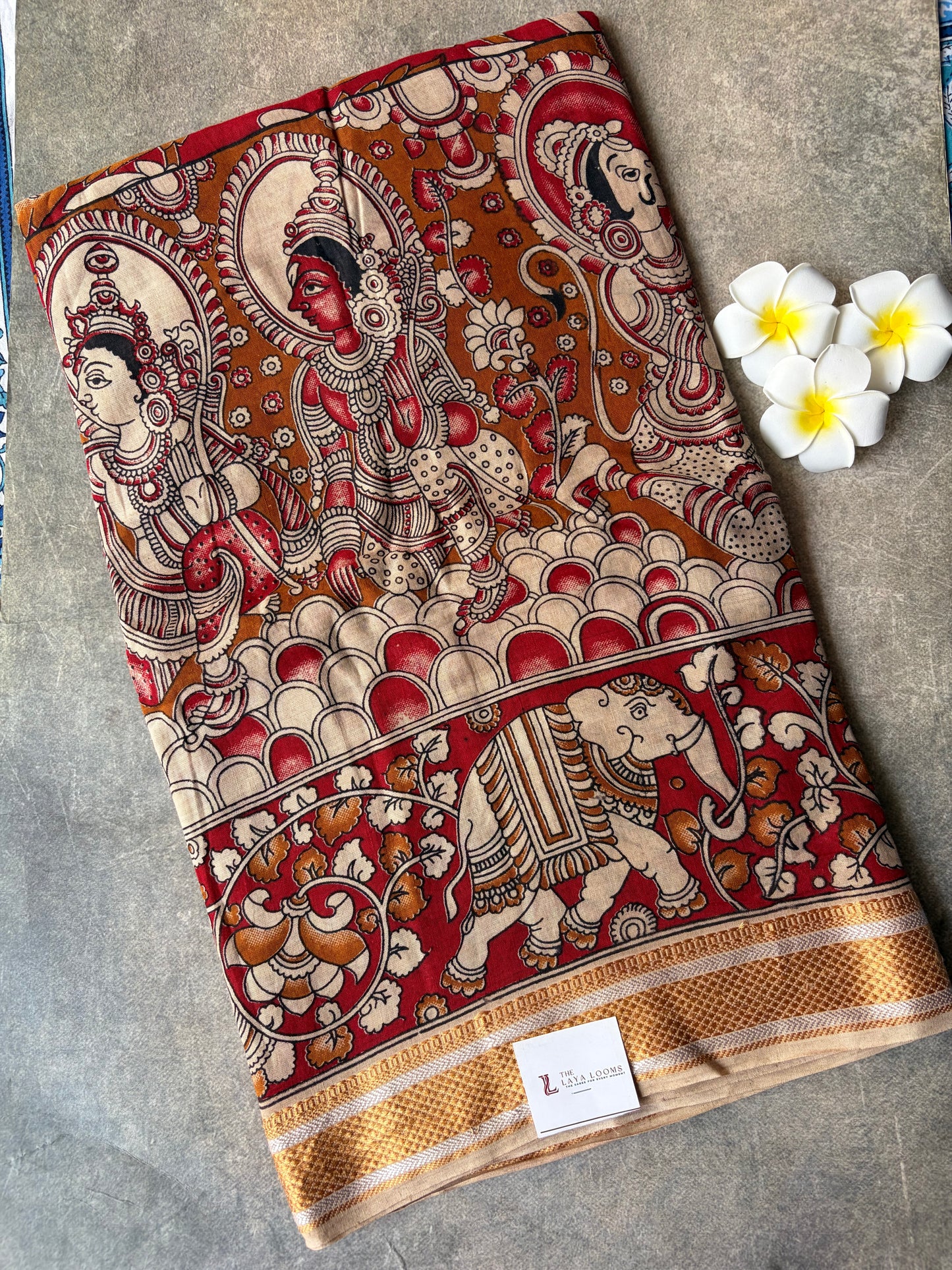 Traditional Kalamkari Soft Mul Cotton Saree Red with Mustard Yellow | TLL626
