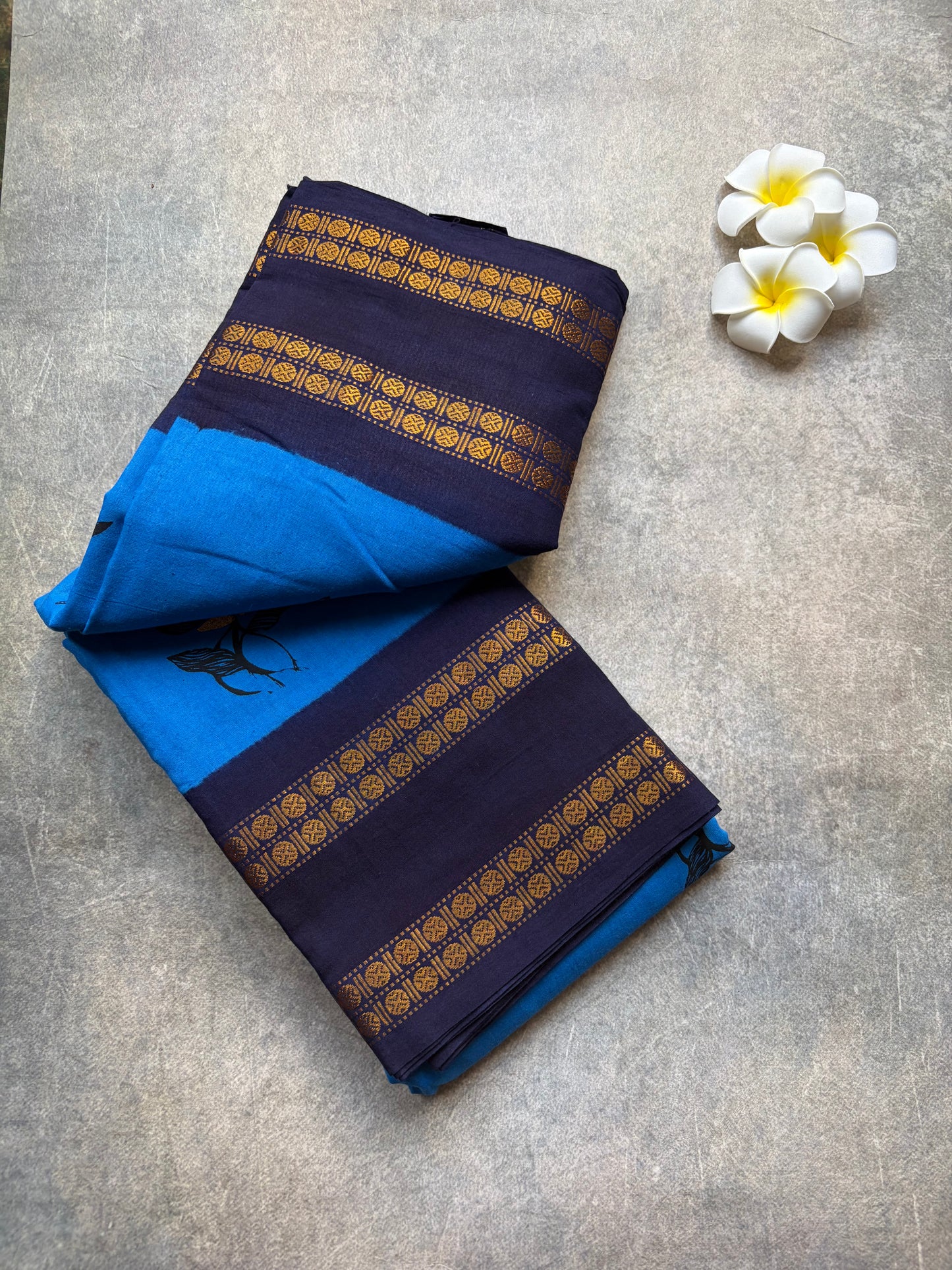 Soft Sungudi | Golden Moon Ink Blue with Navy Blue Border | without blouse