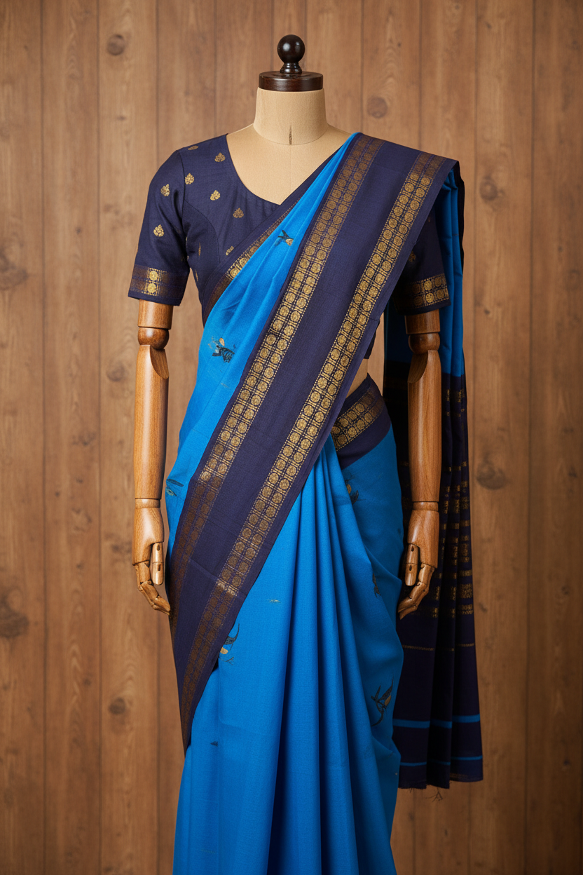 Soft Sungudi Cotton Saree | Golden Moon Ink Blue with Navy Blue Border | without blouse | TLL133