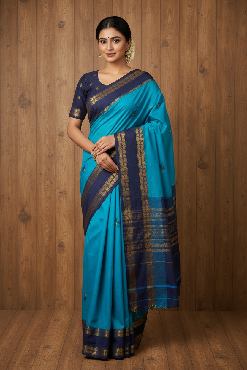 Soft Sungudi Cotton Saree | Golden Moon Ink Blue with Navy Blue Border | without blouse | TLL133