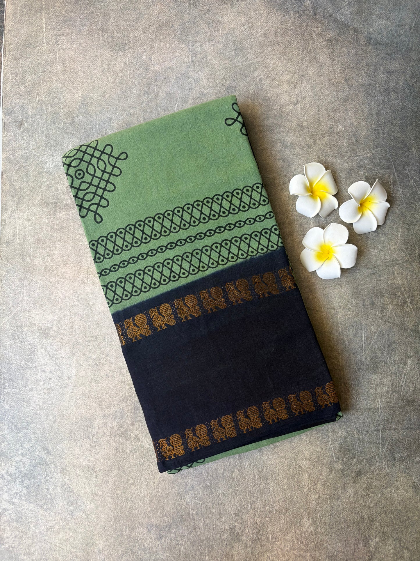 Kolam Printed Sungudi Cotton Saree Sage Green | TLL401