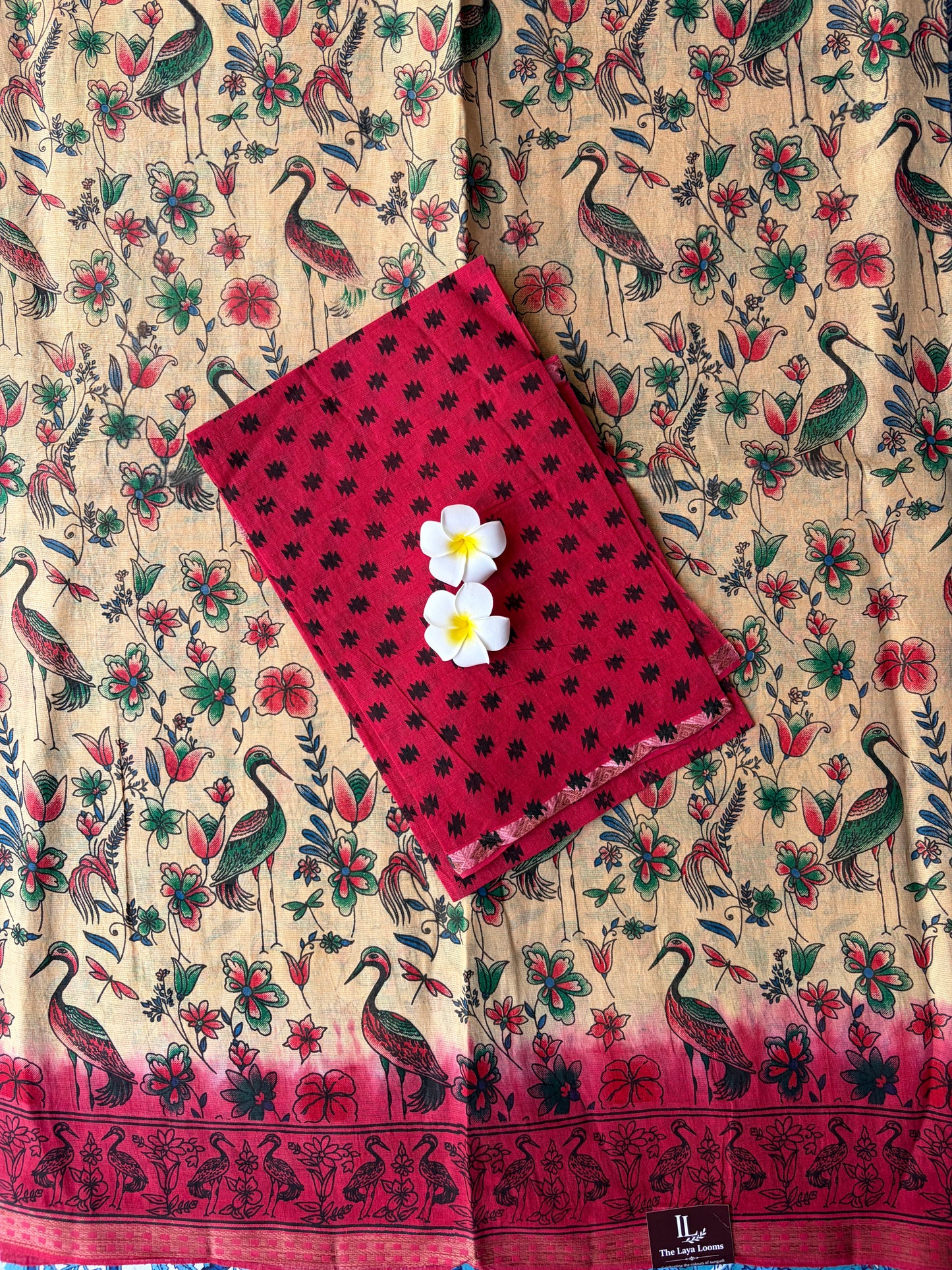 Kalamkari Cotton Saree Cream with Red Border | TLL592