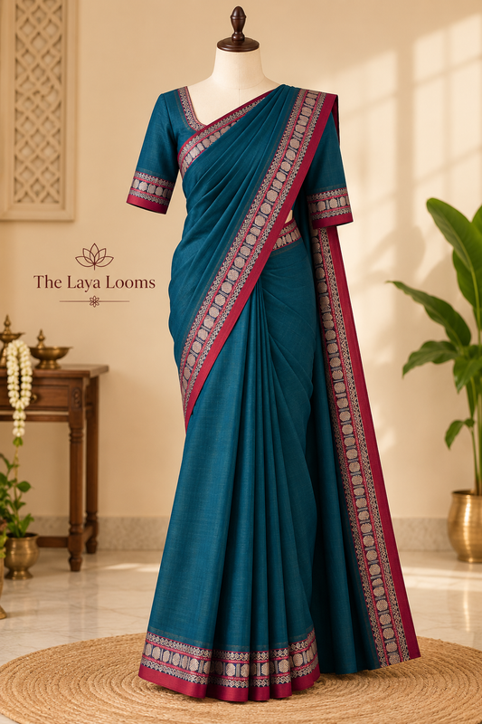Narayanpet Cotton Saree Peacock Blue | TLL438