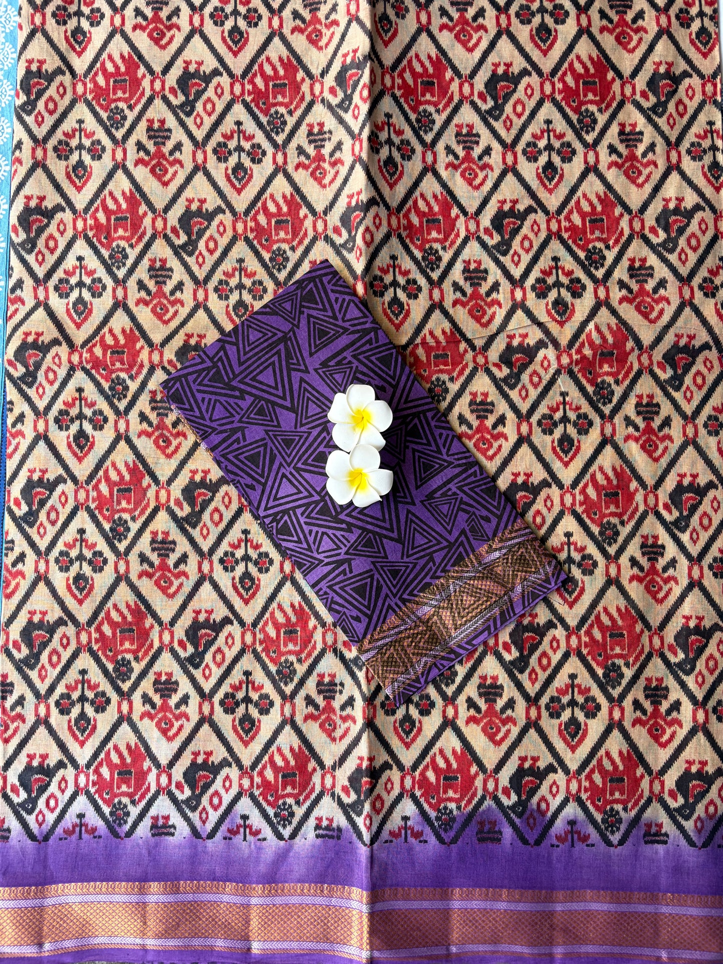 Pochampalli Cotton Saree Cream with Purple Border | TLL597