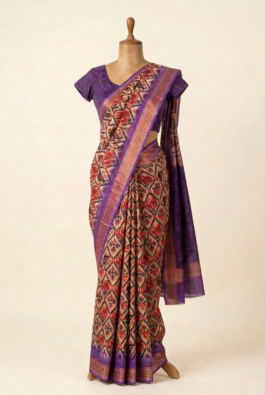 Pochampally Cotton Saree Cream with Purple Border | TLL597
