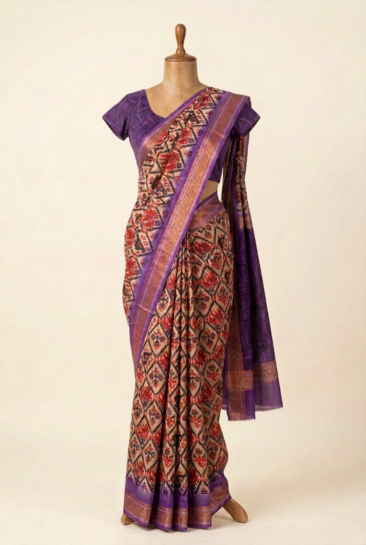 Pochampally Cotton Saree Cream with Purple Border | TLL597