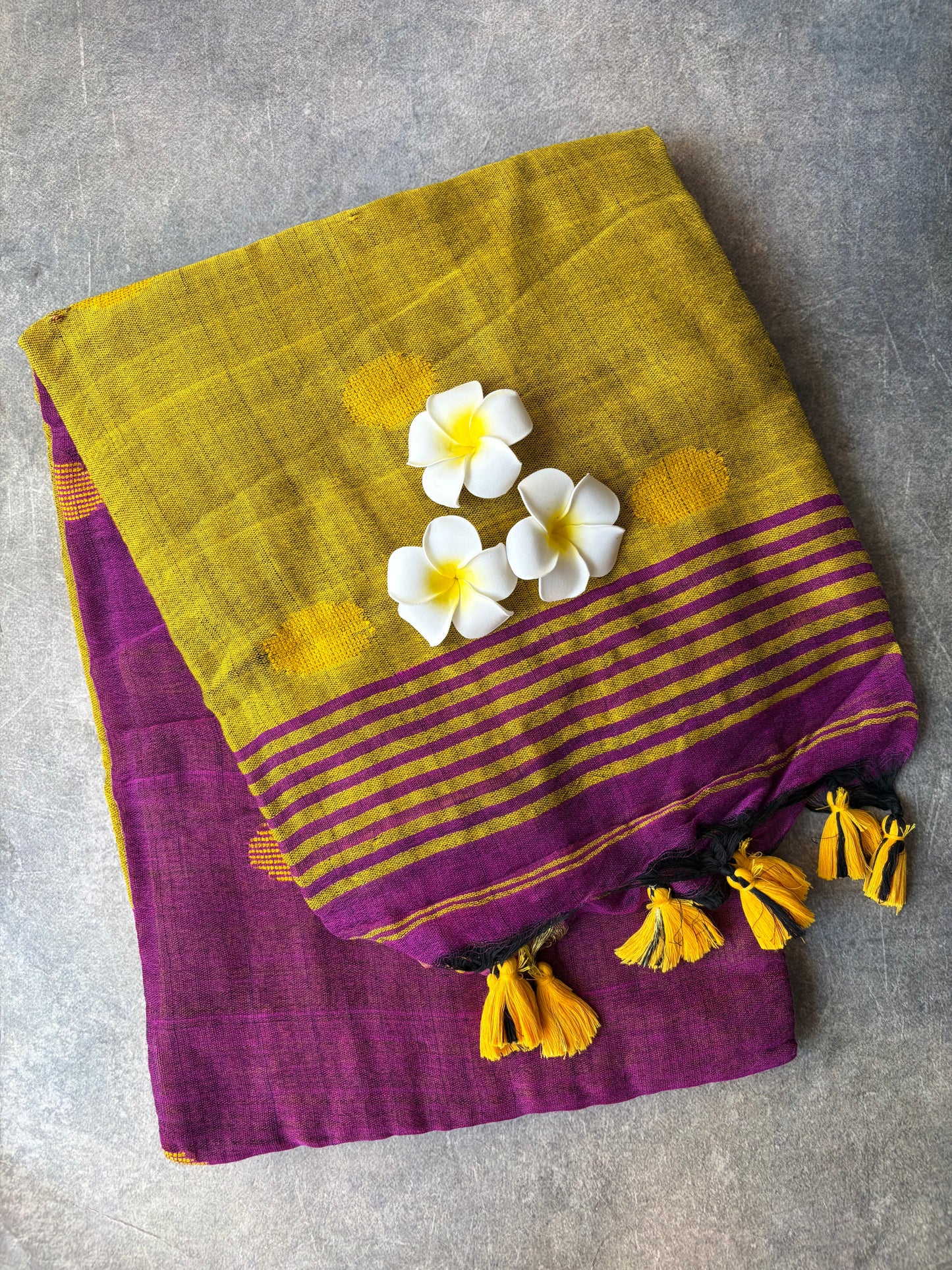 Mustard Yellow Ball Khadi Cotton Saree | TLL216