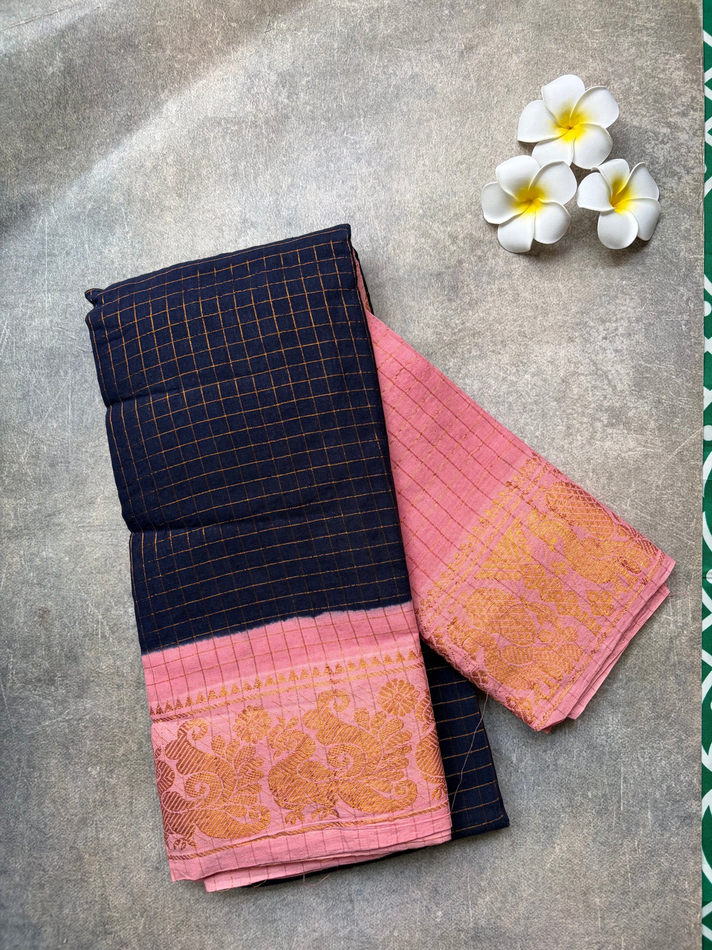 Checked Sungudi | rose milk pink border with dark navy blue