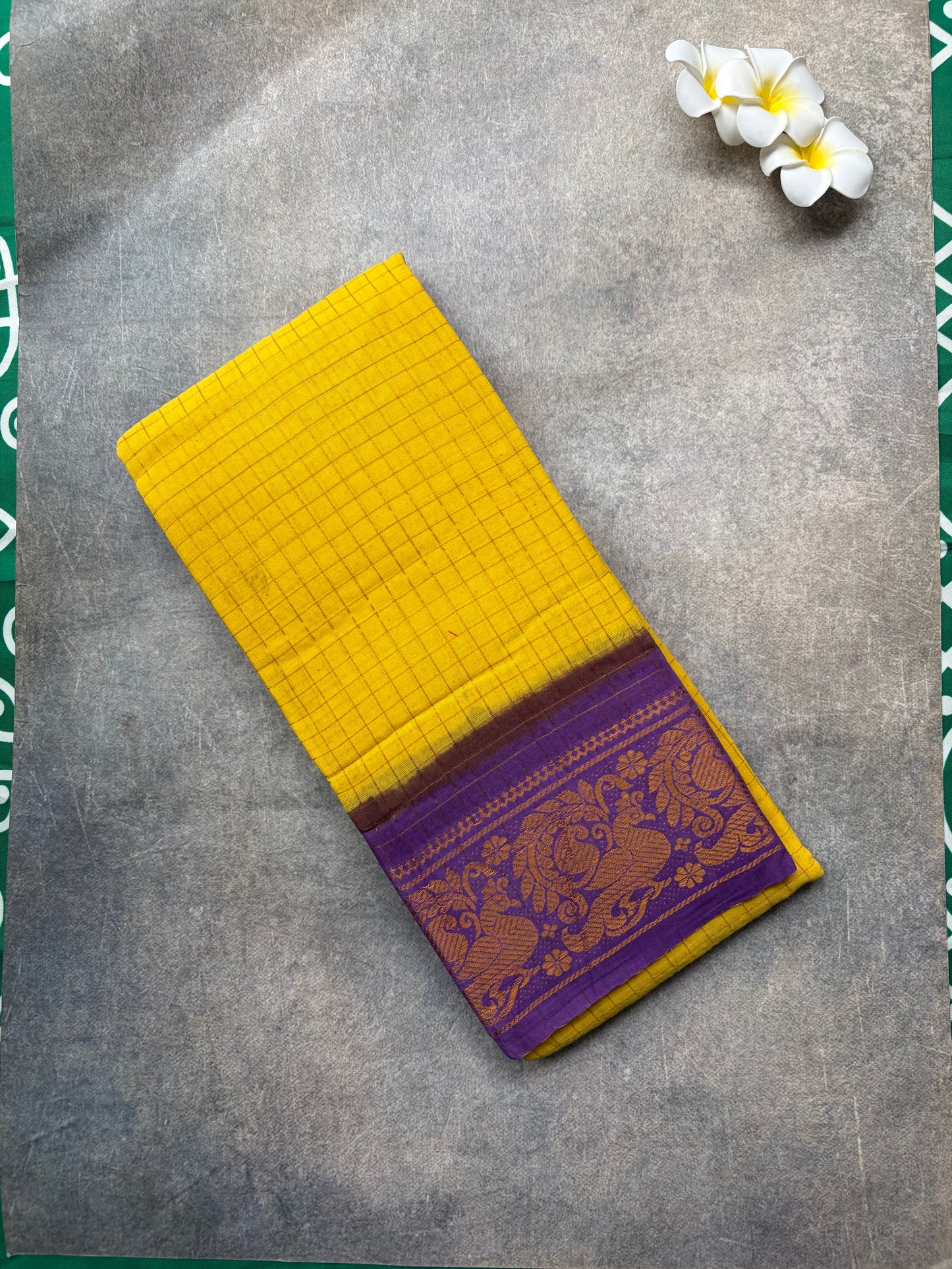 Madurai Sungudi | Yellow with Violet Golden Zari Checked Sungudi Cotton Saree | TLL163