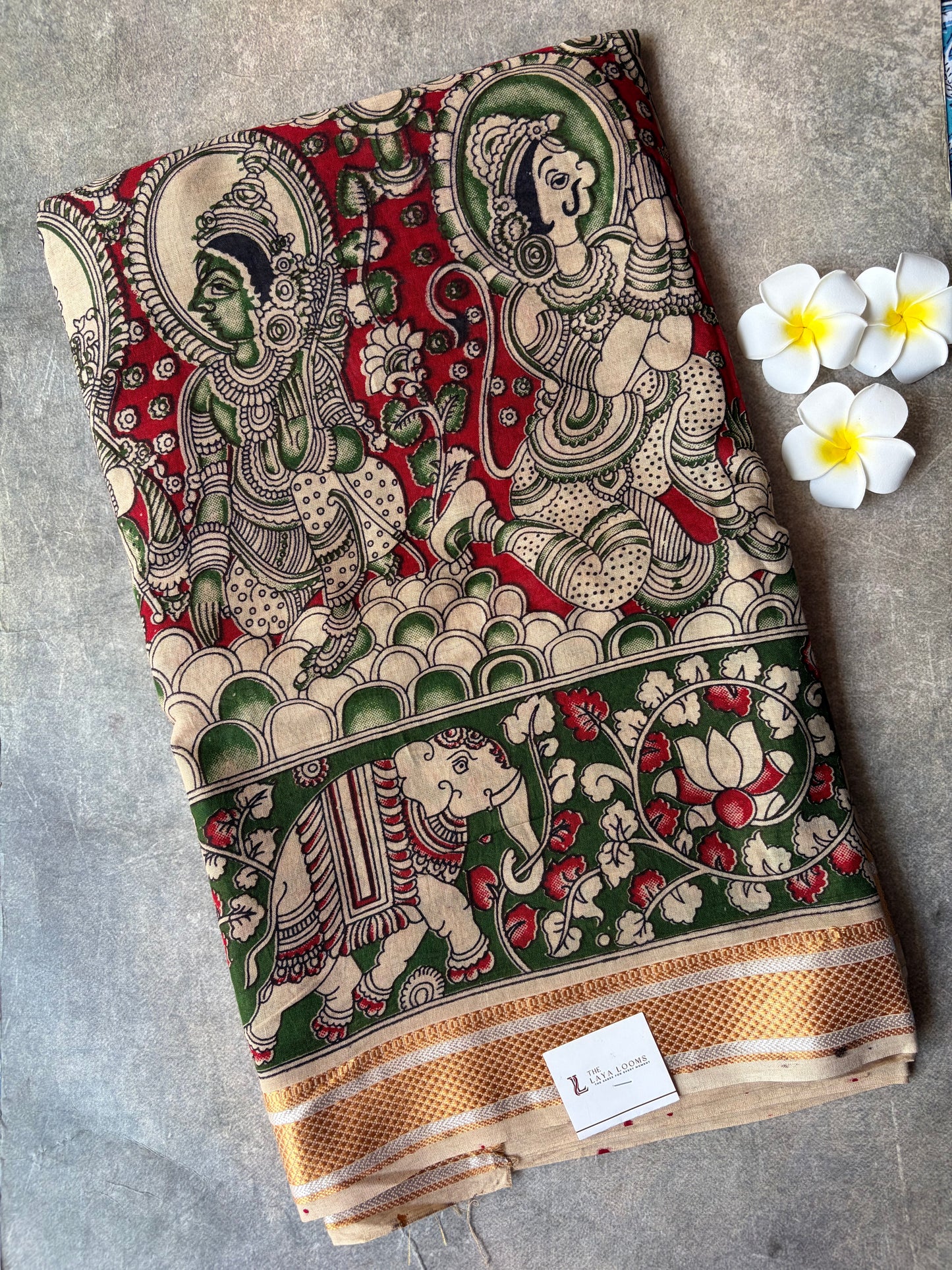 Traditional Kalamkari Soft Mul Cotton Saree Green with Red | TLL627