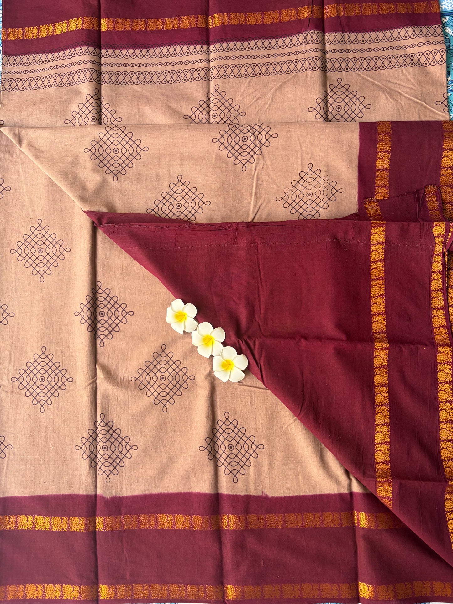 Kolam Printed Sungudi Cotton Saree Light Brown | TLL210