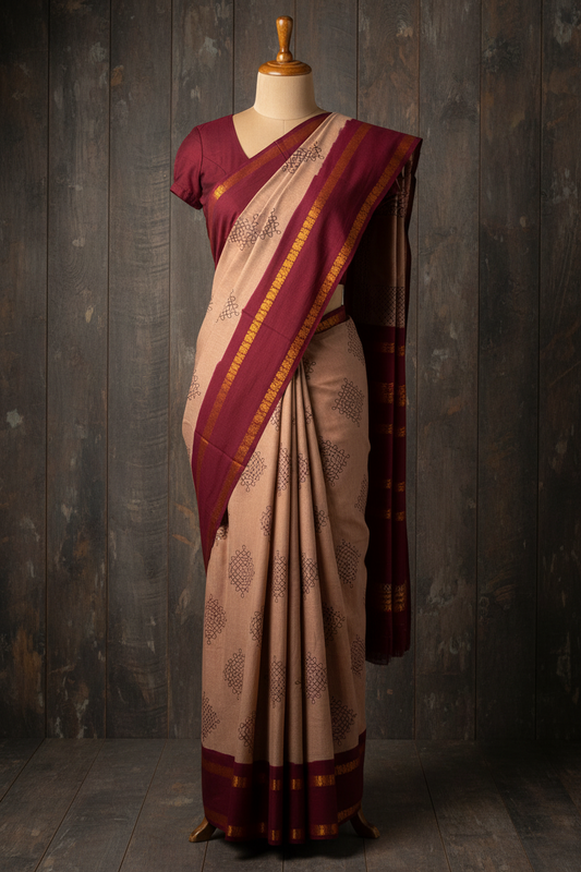 Kolam Printed Sungudi Cotton Saree Light Brown | TLL210