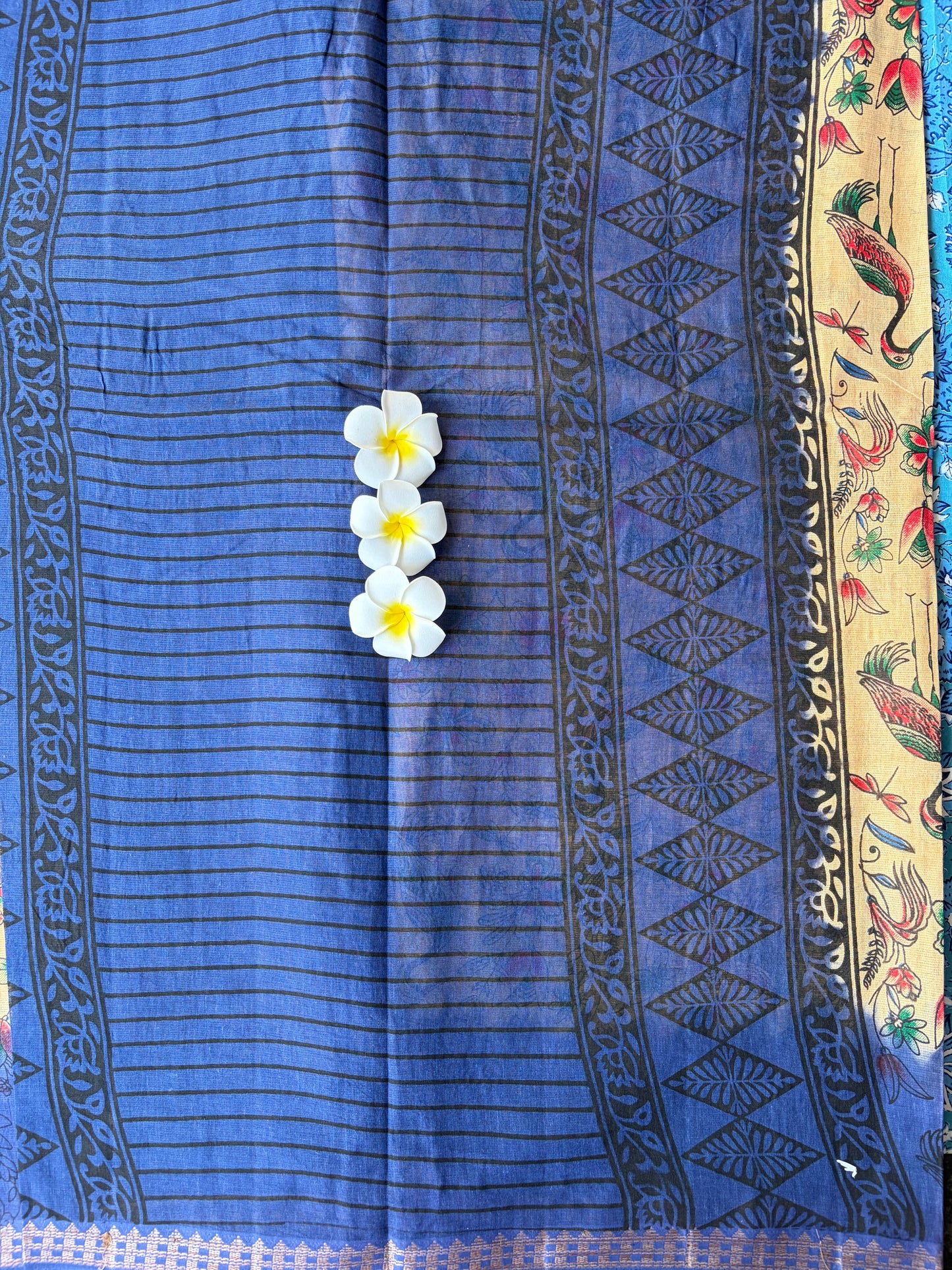 Kalamkari Cotton Saree Cream with Blue Border | TLL593