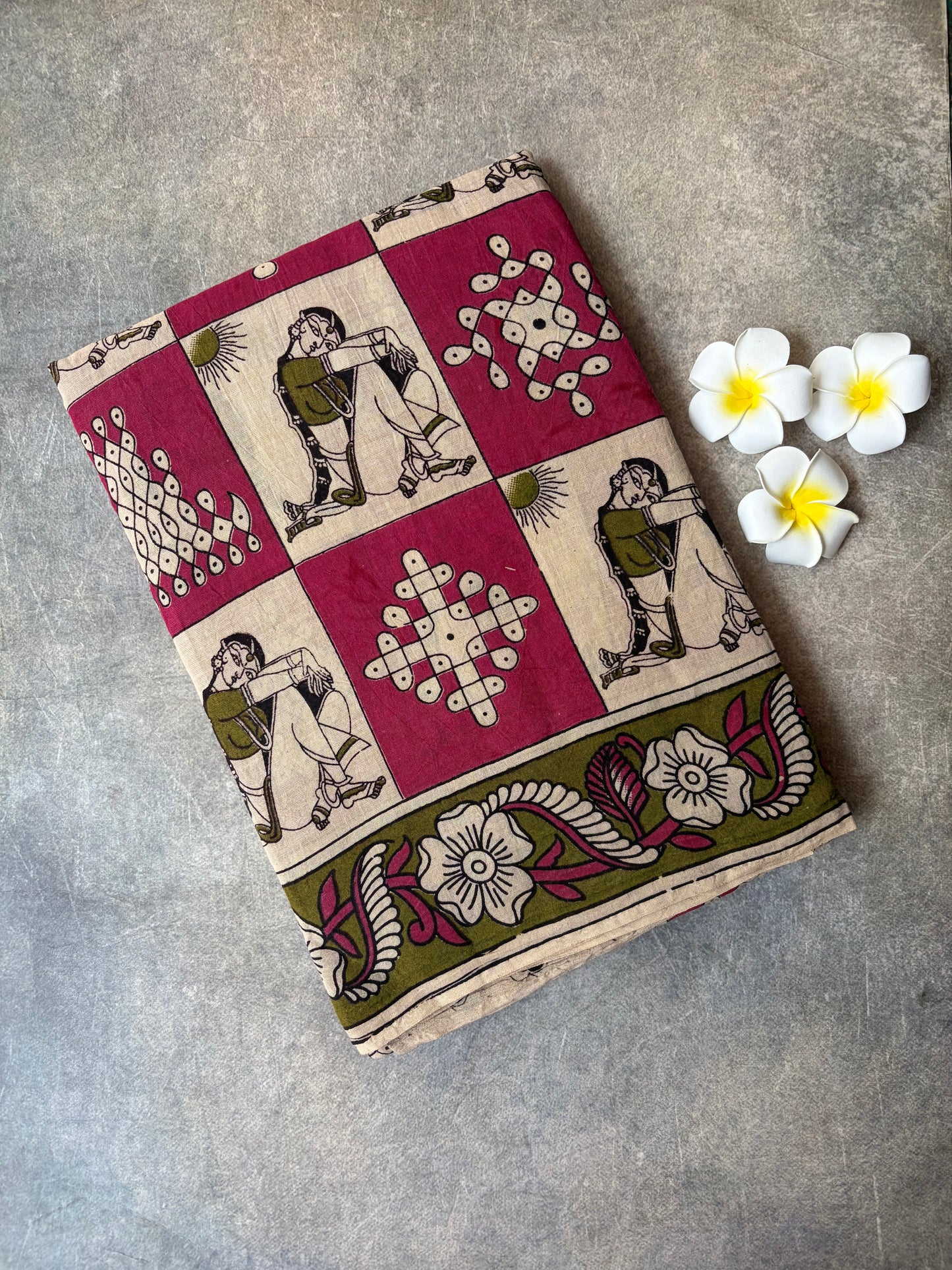 Kalamkari Printed Cotton Saree Pink with Cream | TLL430