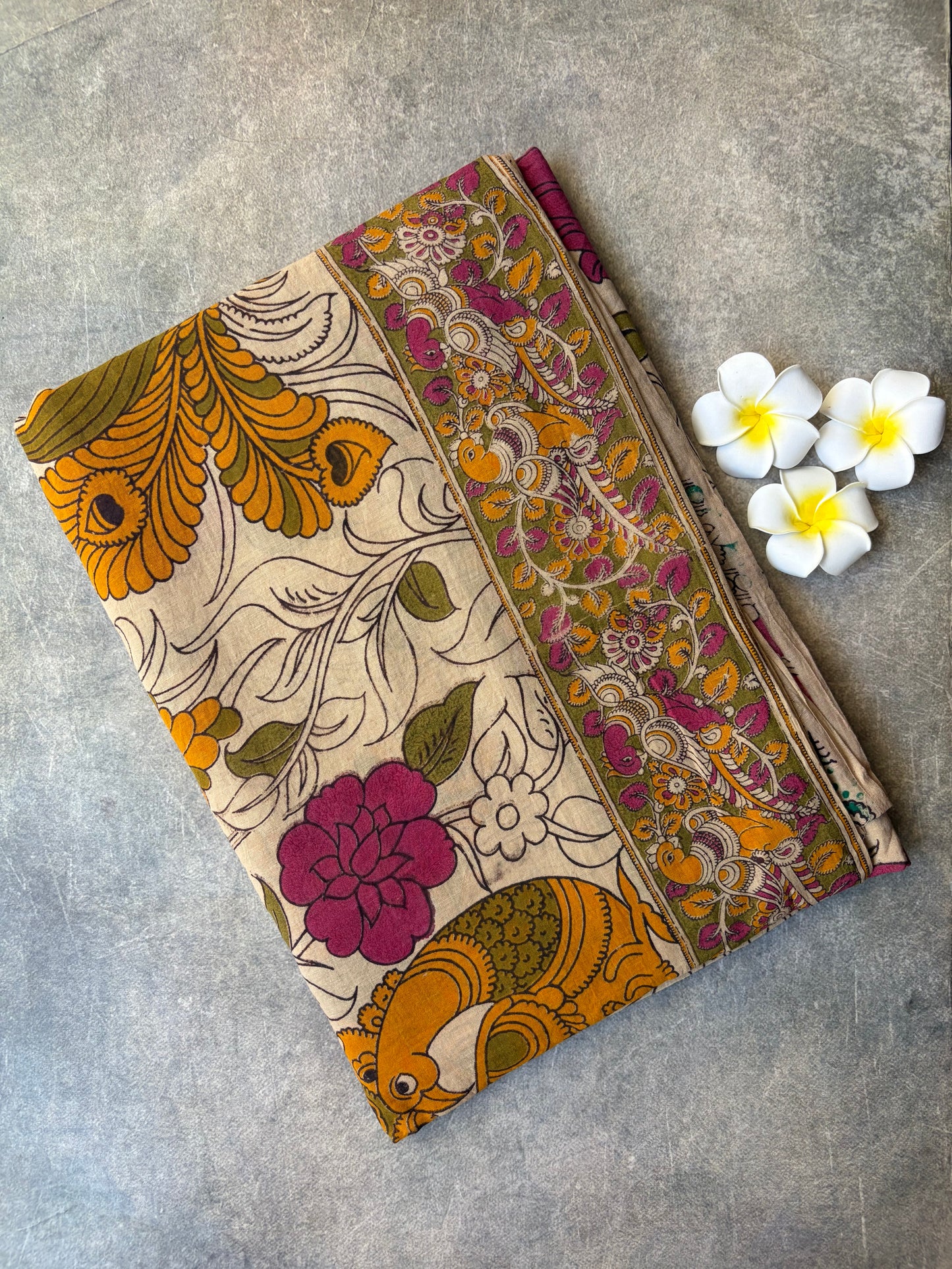 Kalamkari Printed Cotton Saree Cream Colour | TLL415