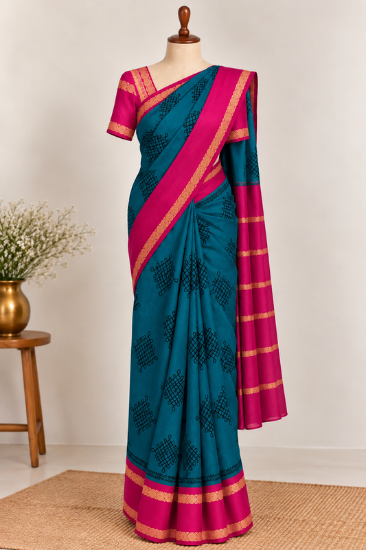 Kolam Printed Sungudi Cotton Saree Green | TLL124