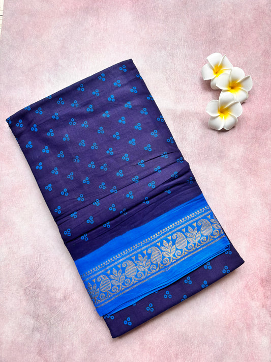 Authentic Soft Sungudi Cotton Saree – 3 Pulli (Blue Body with navy Blue Border)