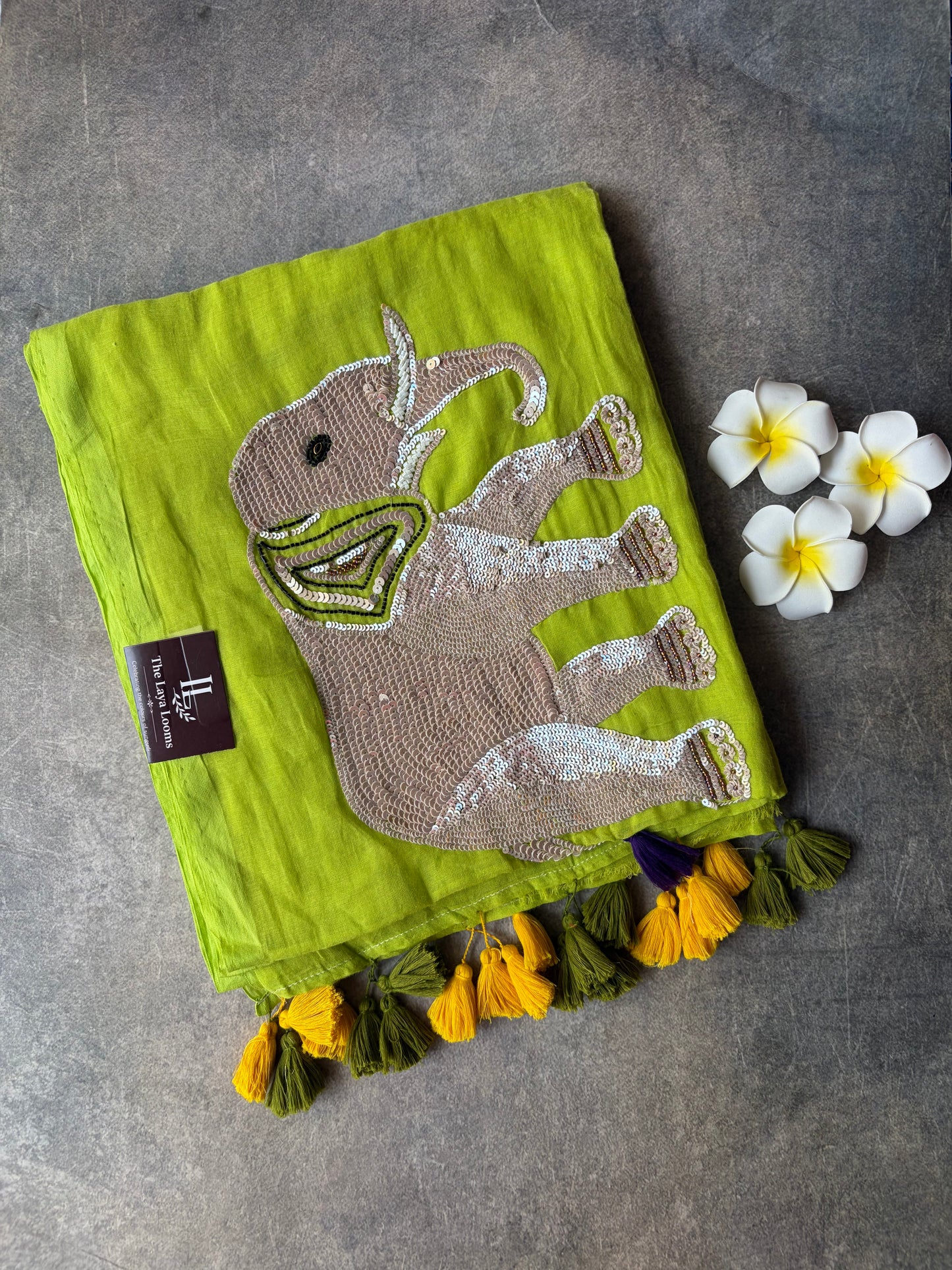 Elephant Hand Work Mul Mul Cotton Saree Lime Green | TLL524