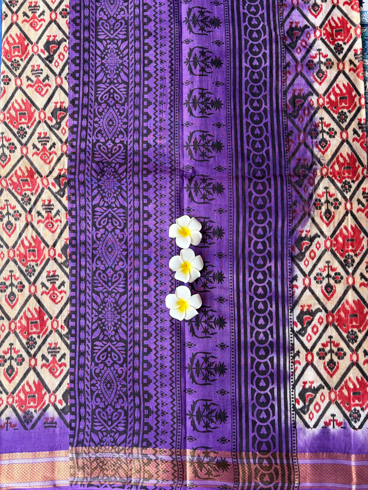 Pochampalli Cotton Saree Cream with Purple Border | TLL597