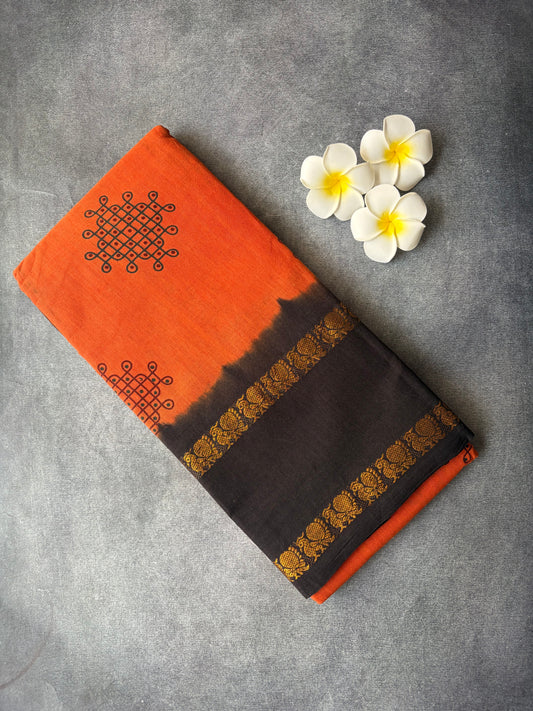 Orange Kolam Printed Sungudi Cotton Saree | TLL213